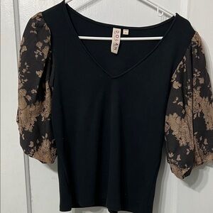 Anthropologie Dolan Black Blouse with Brown Floral Sleeves